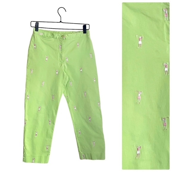 Lilly Pulitzer Embroidered Lady Golfers Capri Pants 4 Lime Green Pink - Picture 1 of 9